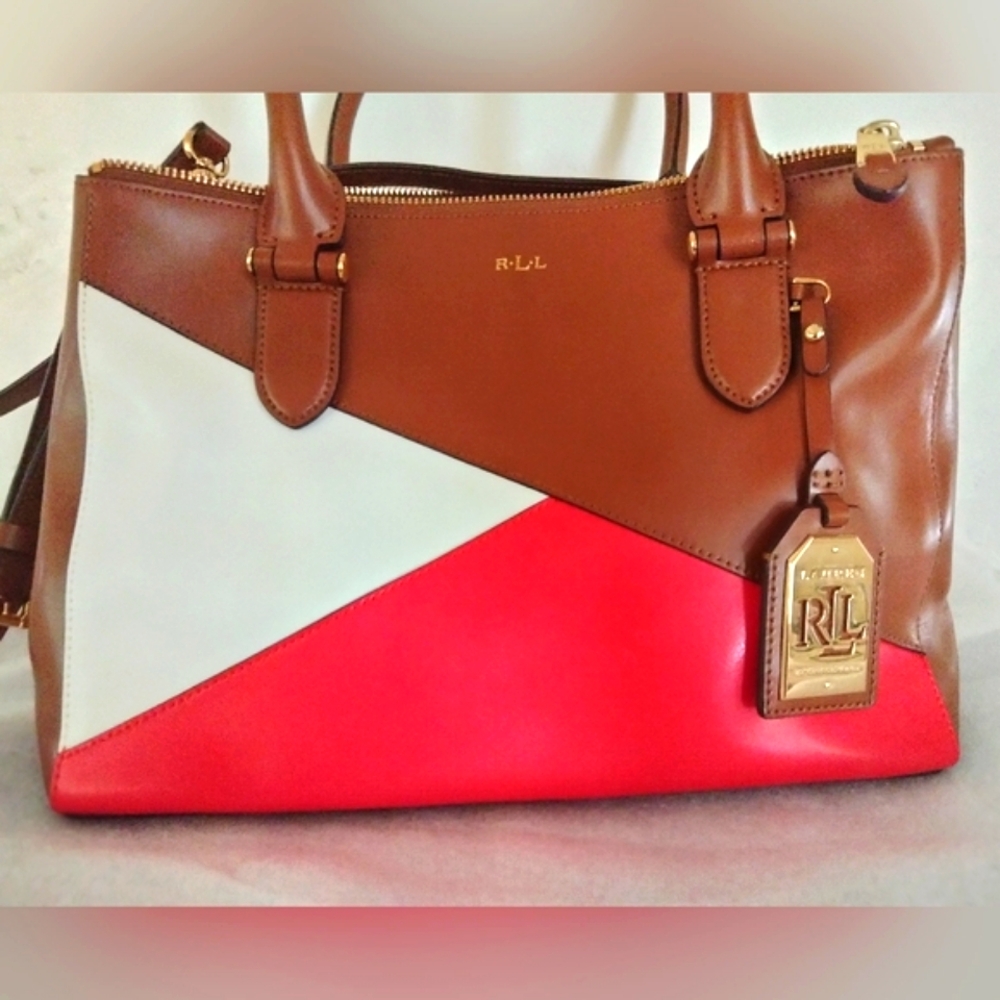Ralph Lauren Tricolor Brown Red White Leather Satchel Crossbody Tote